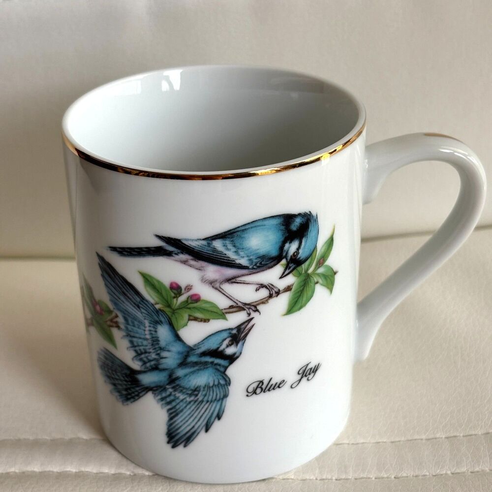 John James Audubon Blue Jay Mug 1985 Porcelain Bird Coffee Tea Cup Gold Trim